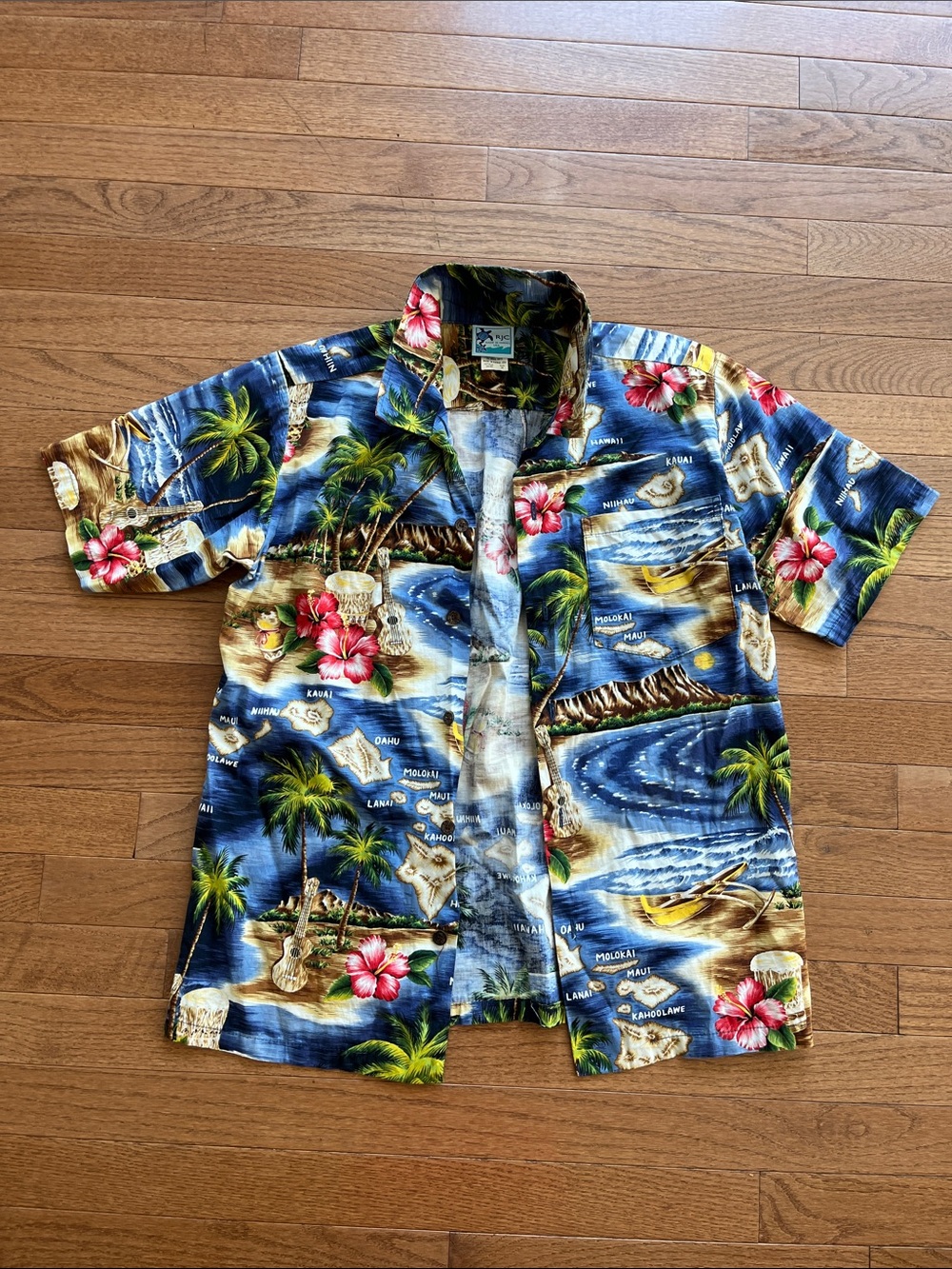 Vintage Boys Blue Tropical Hawaiian Button-Down Shirt with Floral Print